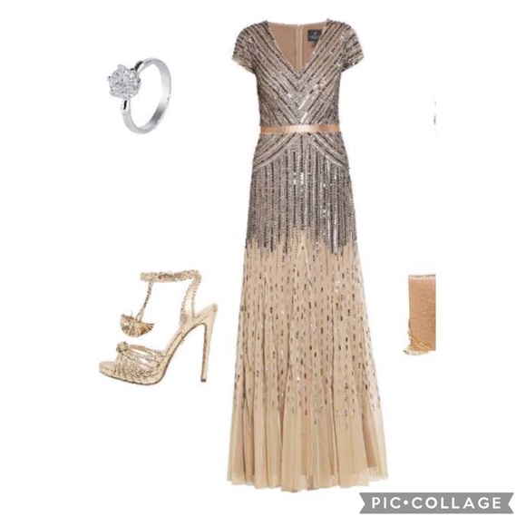 Adrianna-Papell beaded short sleeves V-Neck long evening Gown - Picture 9 of 16